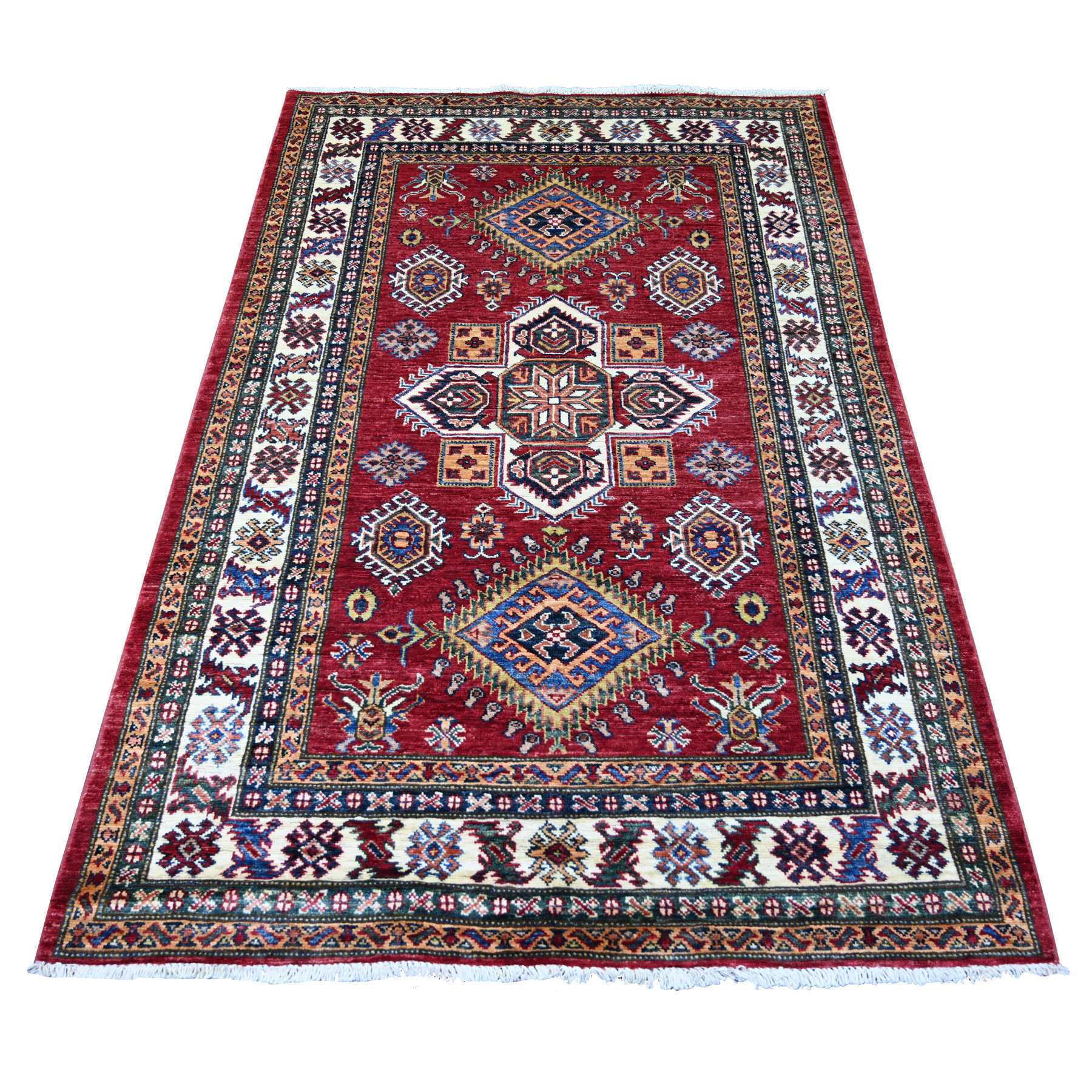 Crimson Red, Hand Knotted, Afghan Super Kazak with Geometric Medallions Design, Soft and Shiny Wool, Vegetable Dyes, Oriental Rug